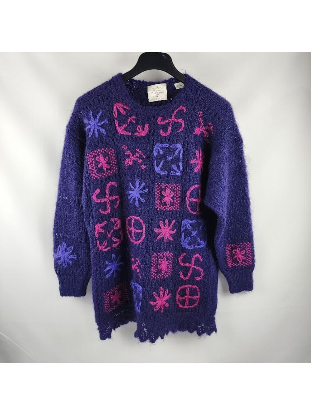 Handknitted Internationale Express Sweater Vintage 80’s Blue Purple Mohair L3